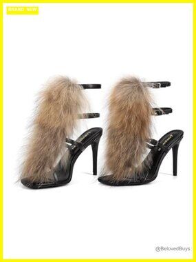 Genuine Fox Fur Stiletto Heeled Sandals Open Toe Ankle Strap
